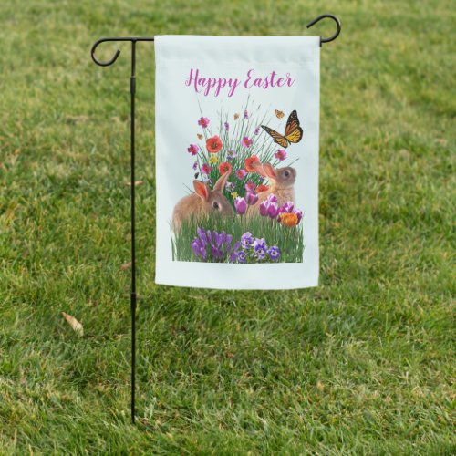 Happy Easter Bunny Rabbits Spring Flowers Garden Flag