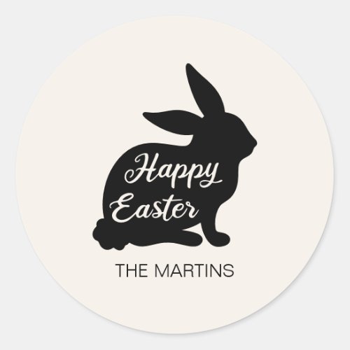 Happy Easter Bunny Silhouette Black White Name Classic Round Sticker