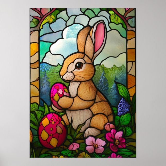 Happy Easter Bunny Stained Glass Religion Poster (Front)