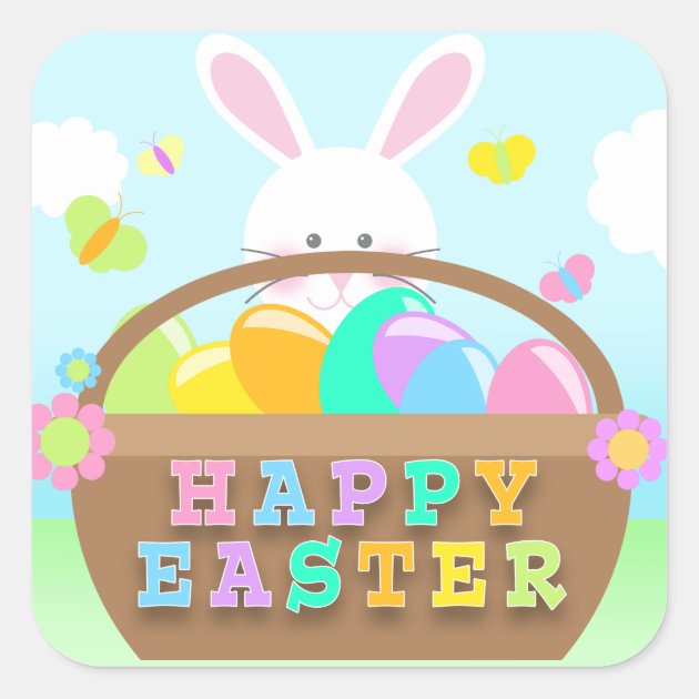 Happy Easter bunny with flag stickers labels 24 Easter hunt eggs 