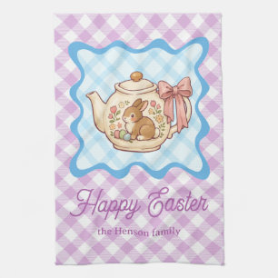 Happy Easter Bunny Teapot Gingham Kitchen Towel