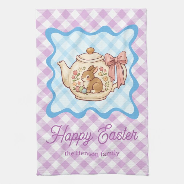 Happy Easter Bunny Teapot Gingham  Kitchen Towel (Vertical)
