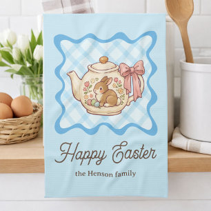 Happy Easter Bunny Teapot Gingham  Kitchen Towel
