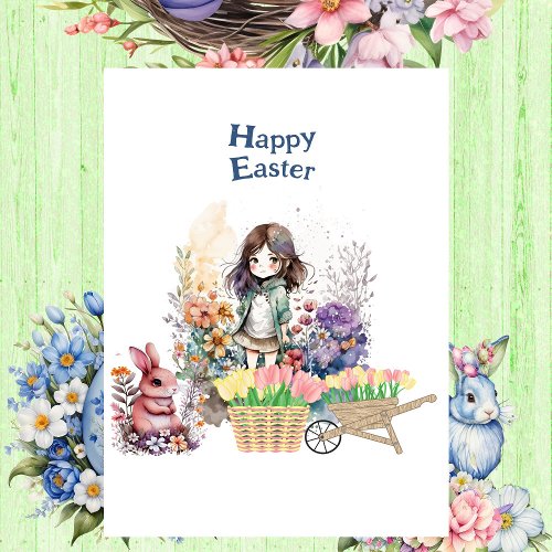 Happy Easter Bunny Tulip Flower Spring Garden Cute Tri_Fold Holiday Card
