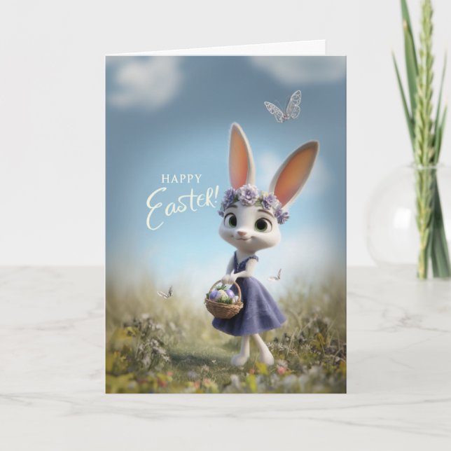  Happy Easter Bunny w/ Flower Crown & Egg Basket Card (Front)