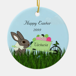 Happy Easter Bunny w Wheelbarrow of Eggs Ceramic Ceramic Ornament