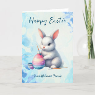 Happy Easter, Bunny Water coloring an Easter egg Holiday Card