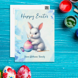 Happy Easter, Bunny Water coloring an Easter egg Holiday Postcard
