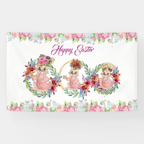 Happy Easter Bunny Watercolor Floral Wreath  Banner