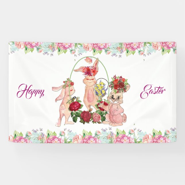 Happy Easter Bunny Watercolor Floral Wreath Party Banner (Horizontal)