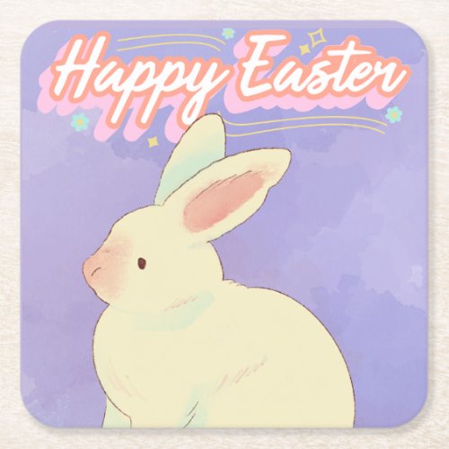 Happy Easter Bunny Watercolor  Square Paper Coaster