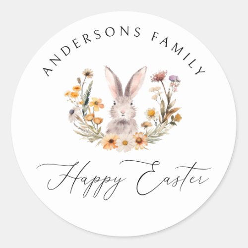Happy Easter Bunny Wildflower Floral Wreath Classic Round Sticker