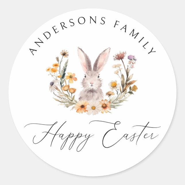 Happy Easter Bunny Wildflower Floral Wreath Classic Round Sticker (Front)