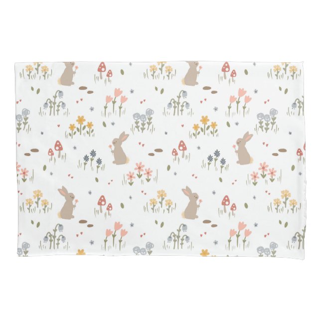 Happy Easter Bunny Wildflowers Cute Kids Bedroom Pillow Case (Front)