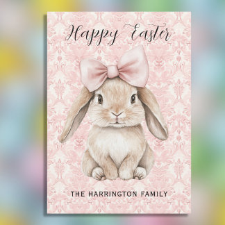 Happy Easter Bunny with Bow on Pink Damask Holiday Card