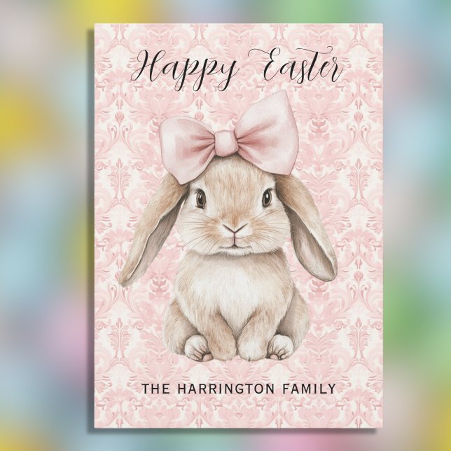 Happy Easter Bunny with Bow on Pink Damask Holiday Card (Creator Uploaded)