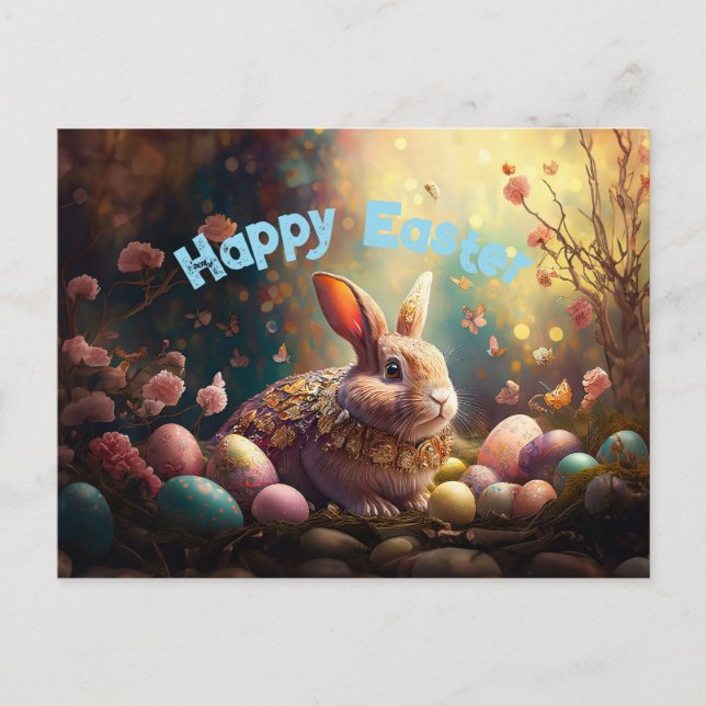 Happy Easter Bunny with Easter eggs Holiday Postcard (Front)