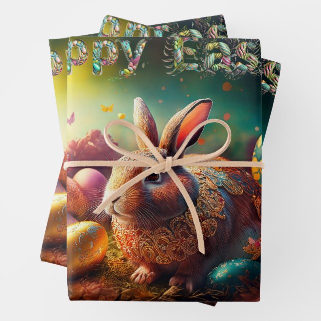 Happy Easter Bunny with Easter eggs Wrapping Paper Sheets (In situ)