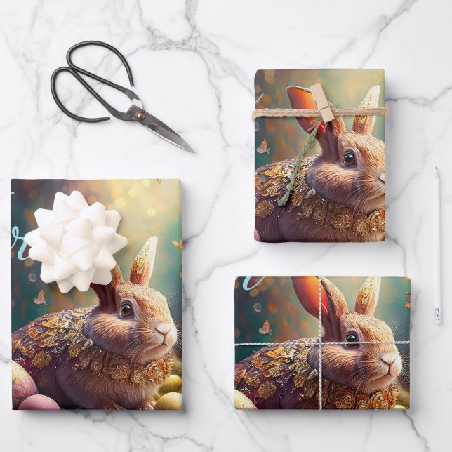 Happy Easter Bunny with Easter eggs Wrapping Paper Sheets (Front)