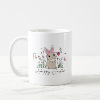 Happy Easter Bunny with Floral Design and Pink Bow Coffee Mug
