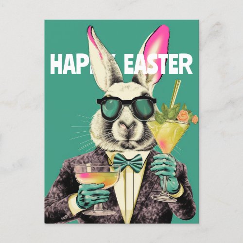 Happy Easter Bunny with Sunglasses Cocktails Funny Postcard
