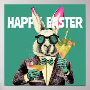 Happy Easter Bunny with Sunglasses Cocktails Funny Poster