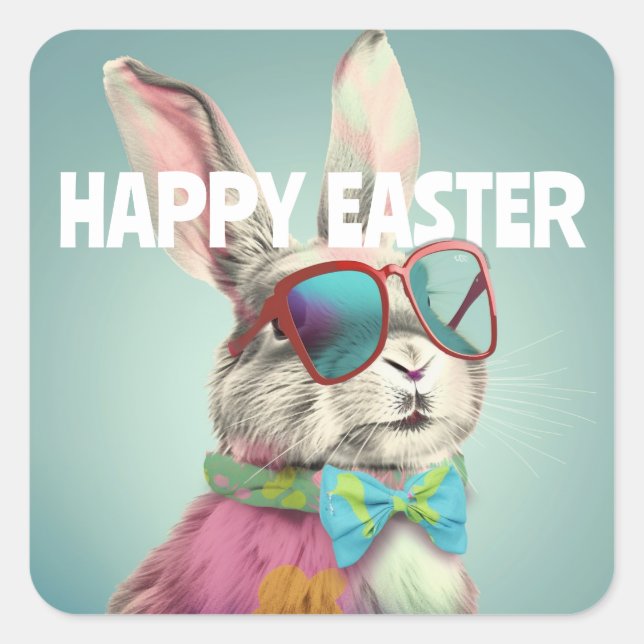 Happy Easter Bunny with Sunglasses Funny Square Sticker (Front)