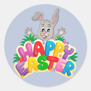 Happy Easter Bunny with text Classic Round Sticker