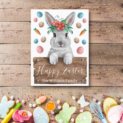 happy easter  bunny with wood sign and eggs postcard
