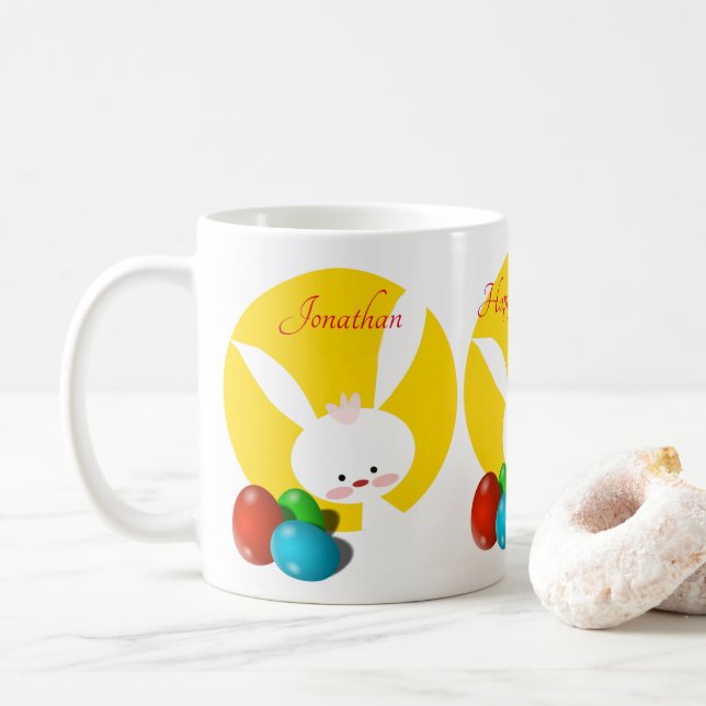 Happy Easter Bunny Yellow Coffee Mug (With Donut)