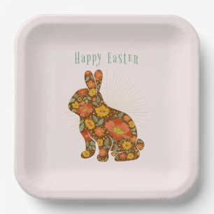 Happy Easter Bunny Yellow Gold Glitter Floral Paper Plates