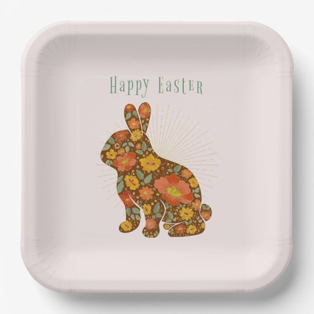 Happy Easter Bunny Yellow Gold Glitter Floral Paper Plates (Front)