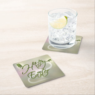 Happy Easter Butterflies Green And Gray Shades Square Paper Coaster
