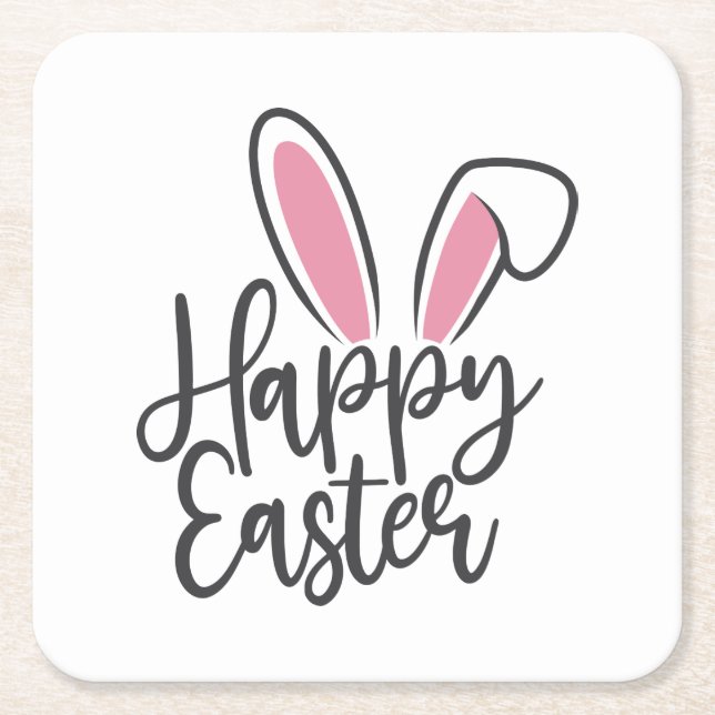 Happy Easter Calligraphy Bunny Ears Sunday Egg  Square Paper Coaster (Front)