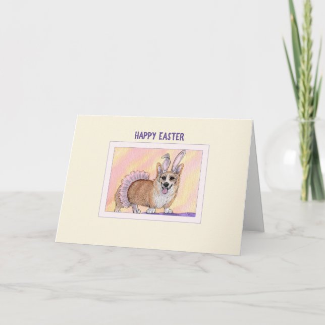 Happy Easter card, Corgi dog in tutu & bunny ears Holiday Card (Front)