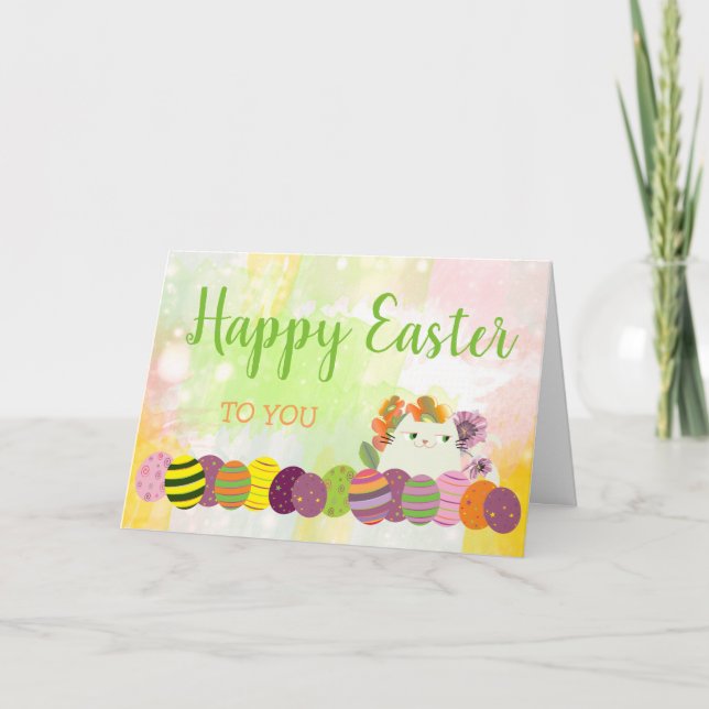 Happy Easter Card Cute Cat Spring Greeting (Front)