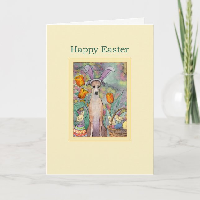 Happy Easter card, Greyhound in bunny ears Holiday Card (Front)