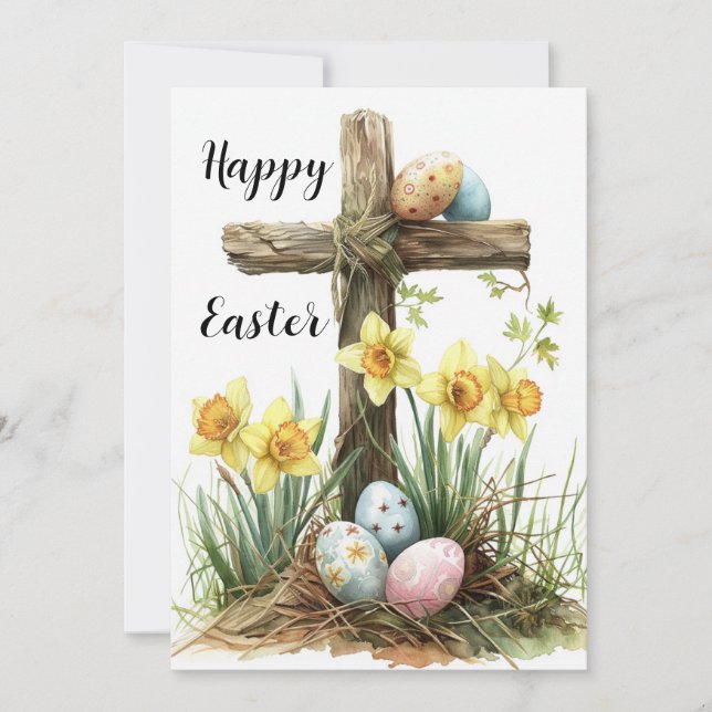 Happy Easter Card, Jesus Cross Easter Eggs Holiday Card (Front)