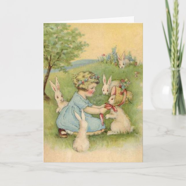 Happy Easter Card, Little Girl with White Bunnies Holiday Card (Front)