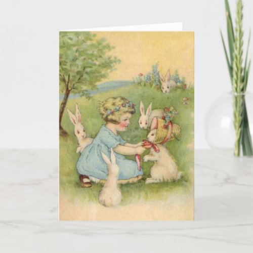 Happy Easter Card Little Girl with White Bunnies Holiday Card