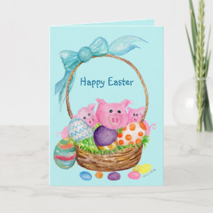 Happy Easter Card. Pigs, eggs, Easter basket Holiday Card