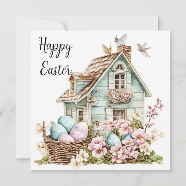Happy Easter Card, Sweet House Easter Eggs  Holiday Card (Front)