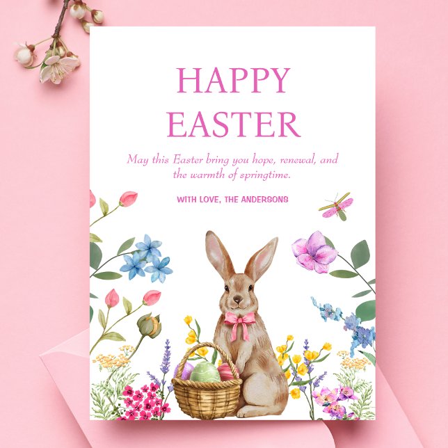 Happy Easter Cards Easter Bunny Pink Floral Spring (Happy Easter Postcard - Cheerful design, pastel flowers, bunny, Easter Holiday Card, Watercolor)