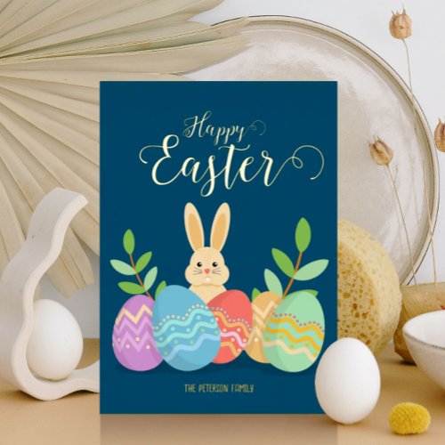 Happy Easter  Cartoon Bunny  Eggs Gold Foil Holiday Card