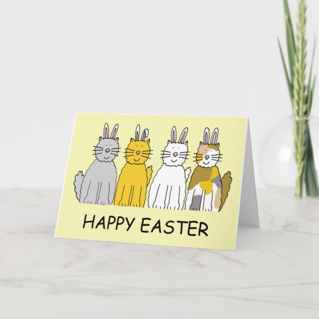 Happy Easter Cartoon Cats Dressed as Bunnies Holiday Card (Front)