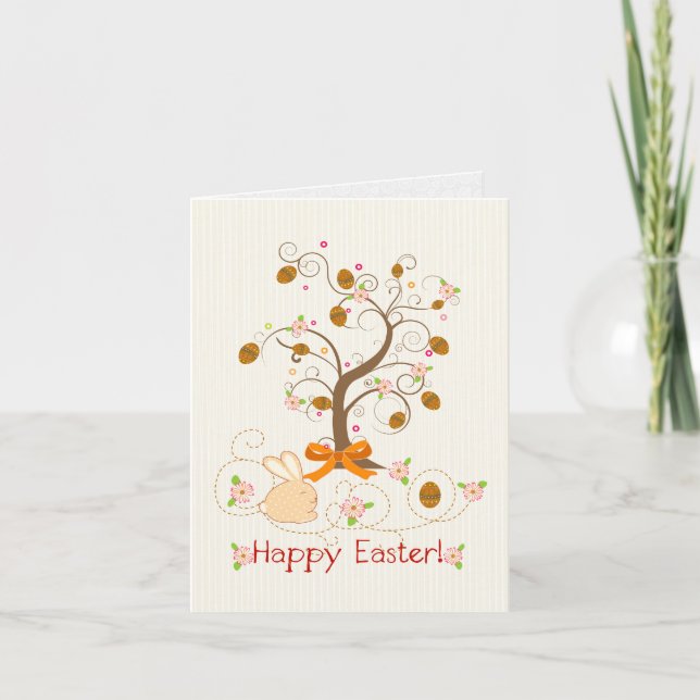 Happy Easter Cartoon Tree Eggs & A Bunny Holiday Card (Front)