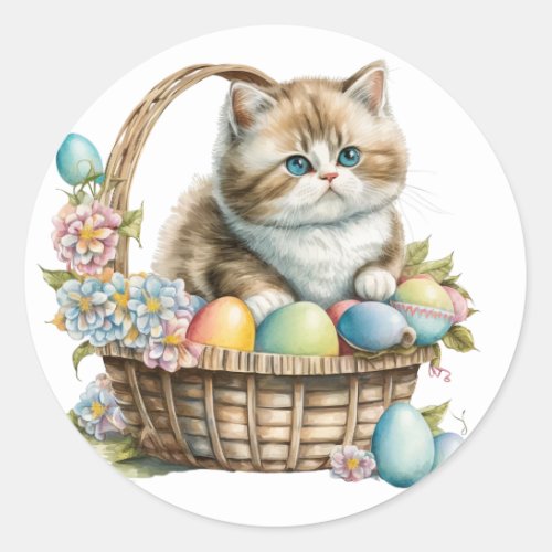 Happy Easter Cat Basket with Easter eggs  flowers Classic Round Sticker