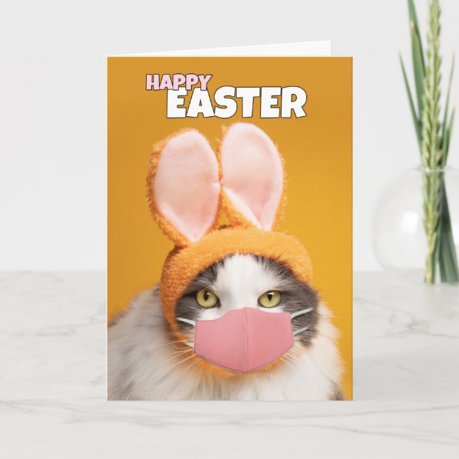 Happy Easter Cat in Bunny Ears and Face Mask Humor Holiday Card (Front)