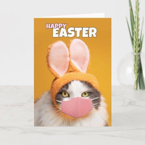 Happy Easter Cat in Bunny Ears and Face Mask Humor Holiday Card