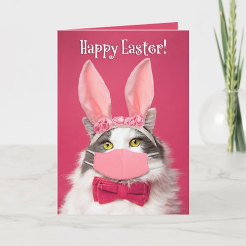 Happy Easter Cat in Bunny Ears and Face Mask Humor Holiday Card